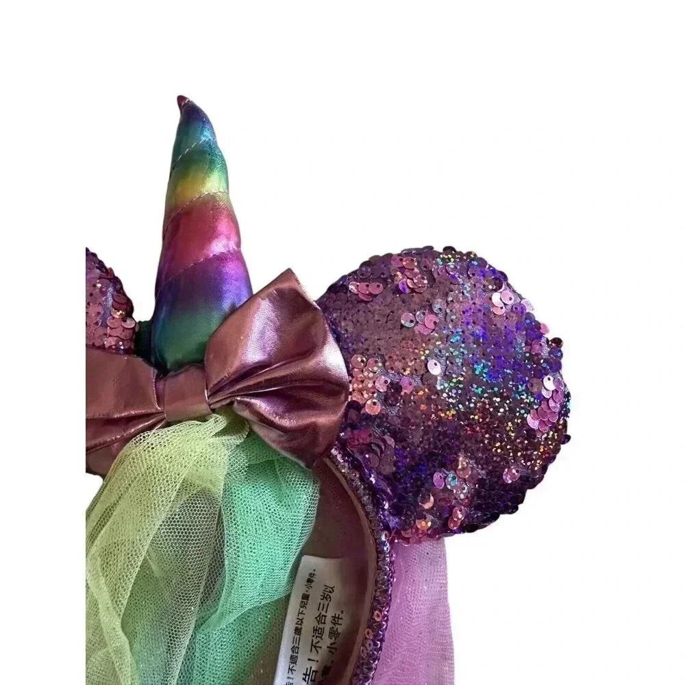 Disney Parks Minnie Mouse Ears Pink Purple Sequin Unicorn Rainbow Veil Headband - Picture 4 of 6